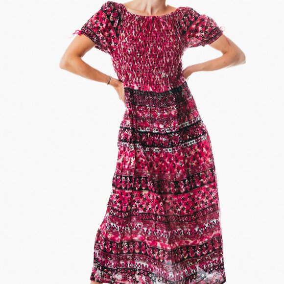 Pink peasant maxi dress short sleeve off shoulder boho summer floral tie dye - Picture 6 of 7